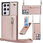 For Samsung Galaxy S21 Ultra 5G Cross-body Zipper Square TPU+PU Back Cover Case with Holder & Card Slots & Wallet & Strap(Rose Gold)