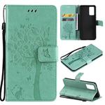 For vivo V21 Tree & Cat Embossing Pattern Horizontal Flip PU Leather Case with Holder & Card Slots & Wallet & Lanyard(Green)