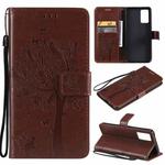 For vivo V21 Tree & Cat Embossing Pattern Horizontal Flip PU Leather Case with Holder & Card Slots & Wallet & Lanyard(Coffee)