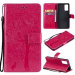 For vivo V21 Tree & Cat Embossing Pattern Horizontal Flip PU Leather Case with Holder & Card Slots & Wallet & Lanyard(Rose Red)