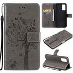 For vivo V21 Tree & Cat Embossing Pattern Horizontal Flip PU Leather Case with Holder & Card Slots & Wallet & Lanyard(Gray)