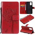 For vivo V21 Tree & Cat Embossing Pattern Horizontal Flip PU Leather Case with Holder & Card Slots & Wallet & Lanyard(Red)