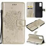For vivo V21 Tree & Cat Embossing Pattern Horizontal Flip PU Leather Case with Holder & Card Slots & Wallet & Lanyard(Gold)