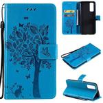 For vivo Y72 5G / iQOO Z3 Tree & Cat Embossing Pattern Horizontal Flip PU Leather Case with Holder & Card Slots & Wallet & Lanyard(Blue)