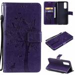 For vivo Y72 5G / iQOO Z3 Tree & Cat Embossing Pattern Horizontal Flip PU Leather Case with Holder & Card Slots & Wallet & Lanyard(Purple)