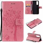 For vivo Y72 5G / iQOO Z3 Tree & Cat Embossing Pattern Horizontal Flip PU Leather Case with Holder & Card Slots & Wallet & Lanyard(Pink)