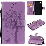 For vivo Y1s / Y90 / Y91C Tree & Cat Embossing Pattern Horizontal Flip PU Leather Case with Holder & Card Slots & Wallet & Lanyard(Light Purple)