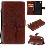 For vivo Y1s / Y90 / Y91C Tree & Cat Embossing Pattern Horizontal Flip PU Leather Case with Holder & Card Slots & Wallet & Lanyard(Coffee)