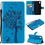 For vivo Y1s / Y90 / Y91C Tree & Cat Embossing Pattern Horizontal Flip PU Leather Case with Holder & Card Slots & Wallet & Lanyard(Blue)