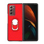 For Samsung Galaxy Z Fold2 5G Carbon Fiber Texture Protective Case with Ring Holder(Red)