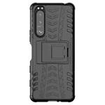 For Sony Xperia 5 III Tire Texture Shockproof TPU+PC Protective Case with Holder(Black)