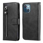 For iPhone 13 mini Fashion Calf Texture Zipper Horizontal Flip Leather Case with Stand & Card Slots & Wallet Function (Black)