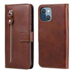 For iPhone 13 mini Fashion Calf Texture Zipper Horizontal Flip Leather Case with Stand & Card Slots & Wallet Function (Brown)