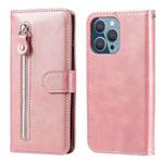 For iPhone 13 Pro Fashion Calf Texture Zipper Horizontal Flip Leather Case with Stand & Card Slots & Wallet Function (Rose Gold)
