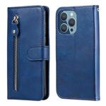 For iPhone 13 Pro Fashion Calf Texture Zipper Horizontal Flip Leather Case with Stand & Card Slots & Wallet Function (Blue)