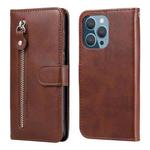 For iPhone 13 Pro Fashion Calf Texture Zipper Horizontal Flip Leather Case with Stand & Card Slots & Wallet Function (Brown)