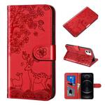 For iPhone 12 / 12 Pro Sika Deer Embossing Pattern Horizontal Flip PU Leather Case with Holder & Card Slot & Wallet & Photo Frame(Red)