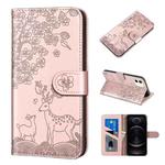 For iPhone 12 / 12 Pro Sika Deer Embossing Pattern Horizontal Flip PU Leather Case with Holder & Card Slot & Wallet & Photo Frame(Rose Gold)