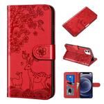 For iPhone 12 mini Sika Deer Embossing Pattern Horizontal Flip PU Leather Case with Holder & Card Slot & Wallet & Photo Frame (Red)