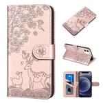 For iPhone 12 mini Sika Deer Embossing Pattern Horizontal Flip PU Leather Case with Holder & Card Slot & Wallet & Photo Frame (Rose Gold)