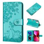 For iPhone 13 Sika Deer Embossing Pattern Horizontal Flip PU Leather Case with Holder & Card Slot & Wallet & Photo Frame(Green)