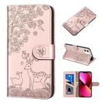 For iPhone 13 Sika Deer Embossing Pattern Horizontal Flip PU Leather Case with Holder & Card Slot & Wallet & Photo Frame(Rose Gold)