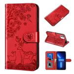 For iPhone 13 Pro Sika Deer Embossing Pattern Horizontal Flip PU Leather Case with Holder & Card Slot & Wallet & Photo Frame (Red)