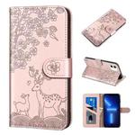 For iPhone 13 Pro Sika Deer Embossing Pattern Horizontal Flip PU Leather Case with Holder & Card Slot & Wallet & Photo Frame (Rose Gold)