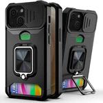 For iPhone 13 Sliding Camshield Card Slot Ring Kickstand Phone Case(Black)