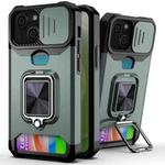 For iPhone 13 Sliding Camshield Card Slot Ring Kickstand Phone Case(Dark Green)