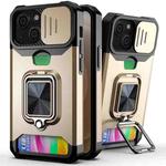 For iPhone 13 Sliding Camshield Card Slot Ring Kickstand Phone Case(Gold)