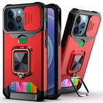 For iPhone 13 Pro Sliding Camshield Card Slot Ring Kickstand Phone Case (Red)