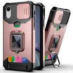 For iPhone XR Sliding Camshield Card Slot Ring Kickstand Phone Case(Rose Gold)