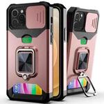 For iPhone 11 Pro Sliding Camshield Card Slot Ring Kickstand Phone Case (Rose Gold)