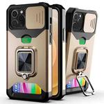 For iPhone 12 / 12 Pro Sliding Camshield Card Slot Ring Kickstand Phone Case(Gold)