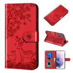 For Samsung Galaxy S21+ 5G Sika Deer Embossing Pattern Horizontal Flip PU Leather Case with Holder & Card Slot & Wallet & Photo Frame(Red)