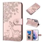 For Samsung Galaxy S21+ 5G Sika Deer Embossing Pattern Horizontal Flip PU Leather Case with Holder & Card Slot & Wallet & Photo Frame(Rose Gold)