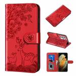 For Samsung Galaxy S21 Ultra 5G Sika Deer Embossing Pattern Horizontal Flip PU Leather Case with Holder & Card Slot & Wallet & Photo Frame(Red)