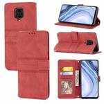 For Xiaomi Redmi Note 9 Pro Max Embossed Striped Magnetic Buckle PU + TPU Horizontal Flip Leather Case with Holder & Card Slot & Wallet & Photo Frame & Sling(Red)
