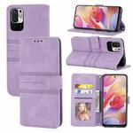 For Xiaomi Redmi Note 10 Embossed Striped Magnetic Buckle PU + TPU Horizontal Flip Leather Case with Holder & Card Slot & Wallet & Photo Frame & Sling(Purple)