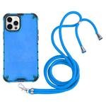For iPhone 12 Pro Max Shockproof Honeycomb PC + TPU Case with Neck Lanyard(Blue)