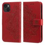 For iPhone 13 7-petal Flowers Embossing Pattern Horizontal Flip PU Leather Case with Holder & Card Slots & Wallet & Photo Frame(Red)