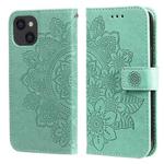 For iPhone 13 7-petal Flowers Embossing Pattern Horizontal Flip PU Leather Case with Holder & Card Slots & Wallet & Photo Frame(Green)