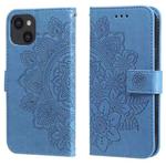 For iPhone 13 7-petal Flowers Embossing Pattern Horizontal Flip PU Leather Case with Holder & Card Slots & Wallet & Photo Frame(Blue)