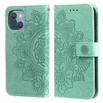 For iPhone 13 mini 7-petal Flowers Embossing Pattern Horizontal Flip PU Leather Case with Holder & Card Slots & Wallet & Photo Frame (Green)