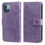 For iPhone 13 mini 7-petal Flowers Embossing Pattern Horizontal Flip PU Leather Case with Holder & Card Slots & Wallet & Photo Frame (Light Purple)