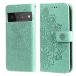 For Google Pixel 6 Pro 7-petal Flowers Embossing Pattern Horizontal Flip PU Leather Case with Holder & Card Slots & Wallet & Photo Frame(Green)