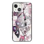 For iPhone 13 Tempered Glass + TPU Border Protective Case(Flowers and Butterflies)