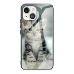 For iPhone 13 mini Colorful Painted Glass Shockproof Protective Case (Cute Cat)
