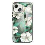 For iPhone 13 mini Colorful Painted Glass Shockproof Protective Case (White Flower)